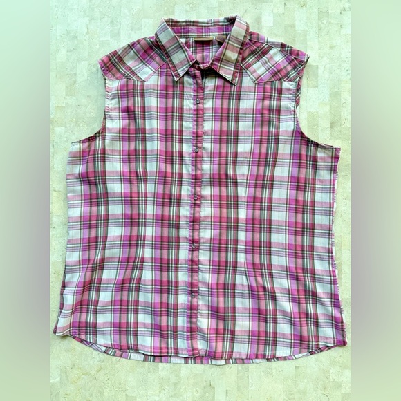 Wrangler Wrancher Sleeveless Shirt Pearl Snap Western Retro Pink Plaid - 2XL - Picture 1 of 8